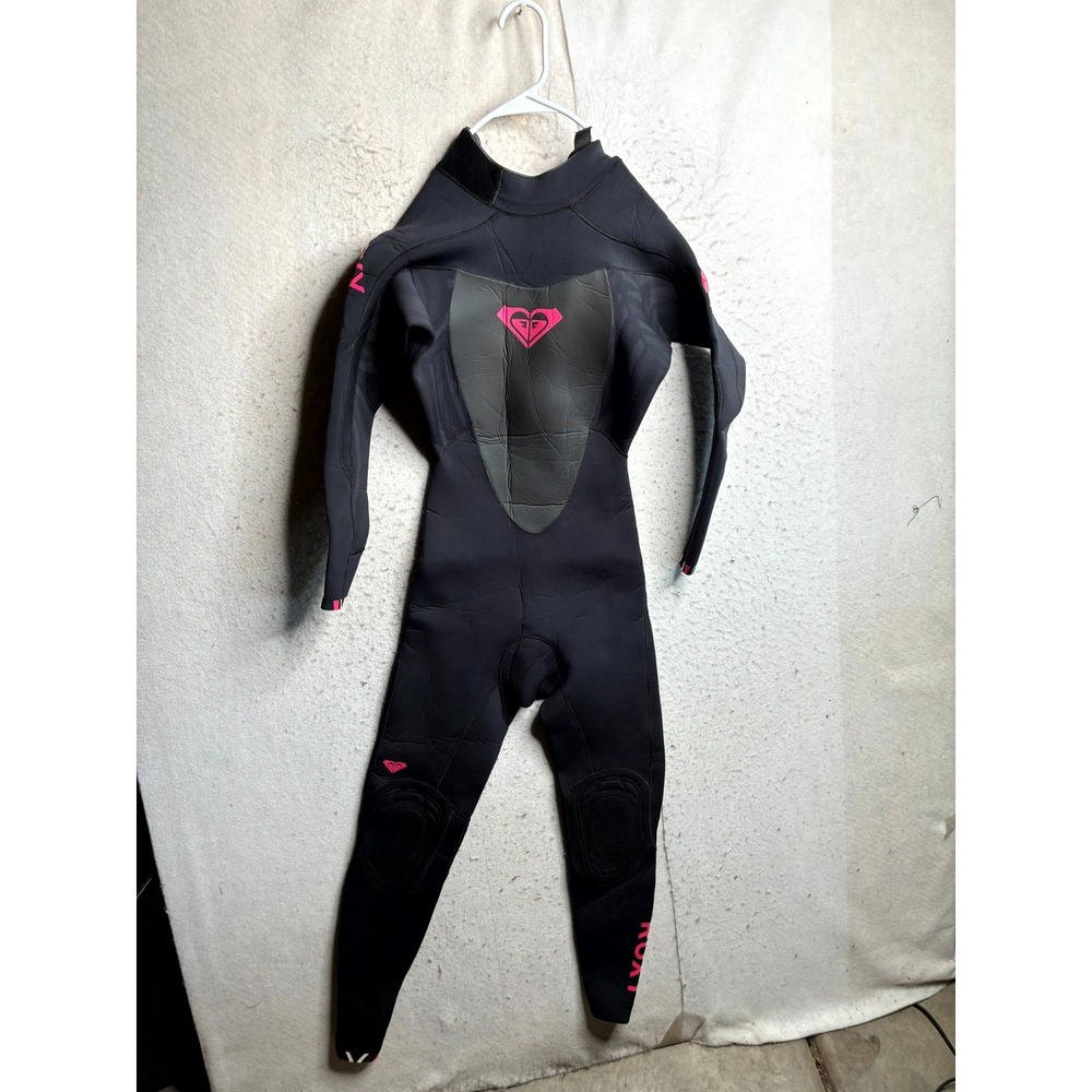 Roxy Full Body Wetsuit Womens 6 Black Pink Logo Nylon Stretch Back Zip Scuba